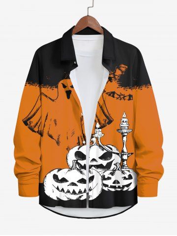 Plus Size Halloween Pumpkin Ghost Candles Bat Colorblock Print Buttons Shirt For Men - ORANGE - 7XL