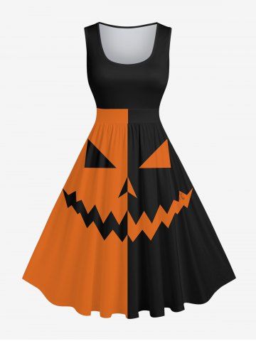 Plus Size Halloween Costume Contrast Colorblock Pumpkin Face Print 1950s Vintage Dress - MULTI-A - XS