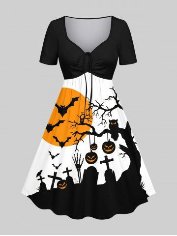 Plus Size Halloween Costume Pumpkin Cross Tomb Bat Tree Moon Print Cinched Dress
