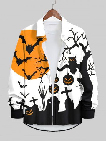 Plus Size Halloween Pumpkin Cross Tomb Bat Tree Print Buttons Long Sleeve Shirt For Men