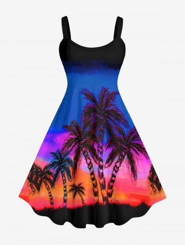 Plus Size Coconut Tree Colorful Ombre Sky Galaxy Print Hawaii A Line Tank Dress