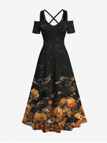 Plus Size Halloween Costume Pumpkin Eagle Flowers Print Cold Shoulder Crisscross Maxi Dress - BLACK - 1X