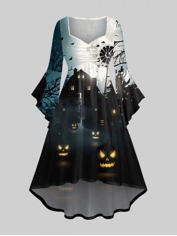 Plus Size Halloween Costume Pumpkin House Tree Bird Windmill Print Ruched Flare Sleeve High Low Dress - MULTI-A - XS