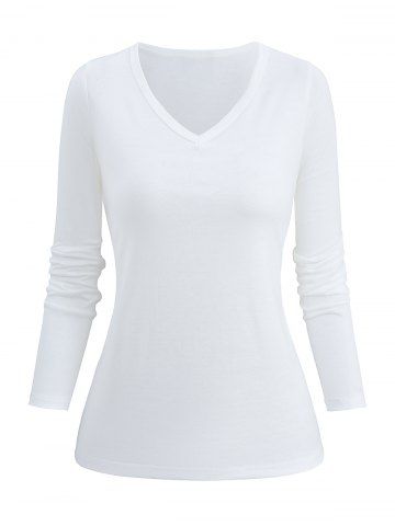 V Neck Solid Long Sleeve T-shirt - WHITE - 3XL