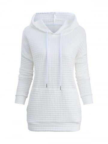 Plaid Textured Kangaroo Pocket Drawstring Solid Pullover Long Sleeves Hoodie - WHITE - S