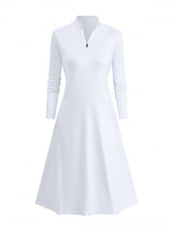 Solid Zipper Pockets Long Sleeves Golf A Line Dress - WHITE - M