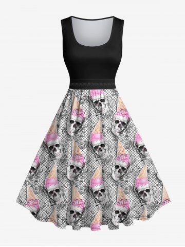 Plus Size Skull Ice Cream Plaid Floral Print Halloween Costume Vintage Swing A Line Dress - BLACK - S