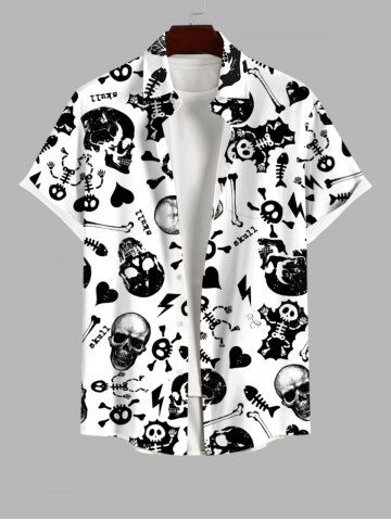 Plus Size Skull Skeleton Fish Heart Bone Print Halloween Button Pocket Shirt For Men - MULTI-A - S