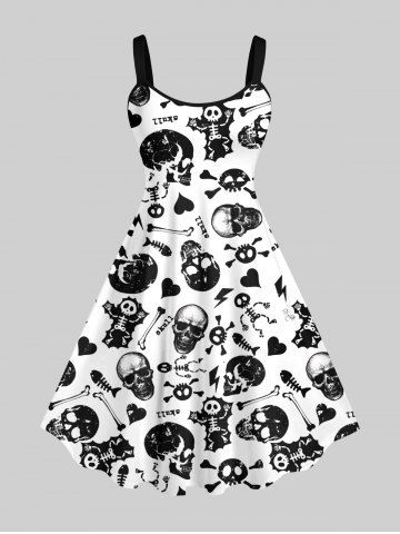 Plus Size Skull Skeleton Fish Heart Bone Print Halloween Costume A Line Tank Dress - MULTI-A - M