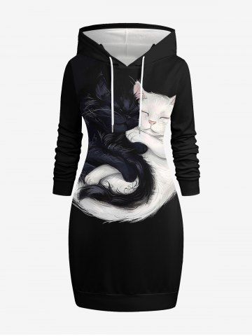 Plus Size Fluffy Two Tone Cats Print Pocket Drawstring Pullover Long Sleeves Hoodie - BLACK - 2X