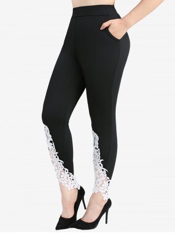 Plus Size Leaf Flowers Appliques Lace Pockets Leggings - BLACK - M | US 10