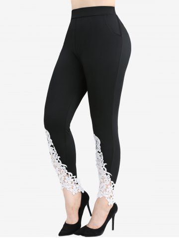 Plus Size Leaf Flowers Appliques Lace Pockets Leggings