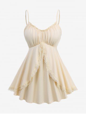 Plus Size Ruched Bust Lace Trim Ruffles Solid Cami Top and Button Cropped Top Set