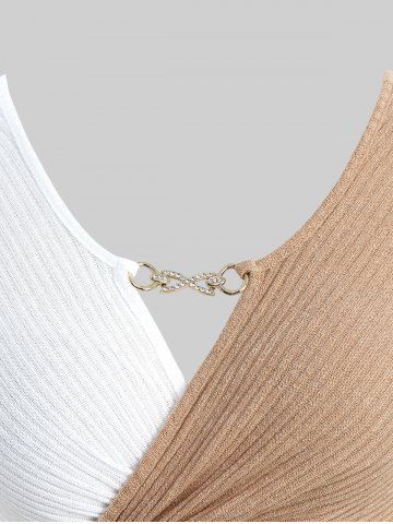 Plus Size Surplice Chain Panel Cinched Waist Two Tone Ribbed Textured Top