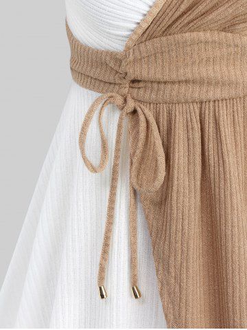 Plus Size Surplice Chain Panel Cinched Waist Two Tone Ribbed Textured Top