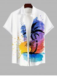 Plus Size Coconut Tree Sun Colorful Watercolor Painting Splatter Tie Dye Print Hawaii Button Pocket Shirt For Men -  