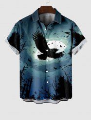 Plus Size Eagle Moon Ombre Sky Tree Forest Print Halloween Button Pocket Shirt For Men -  