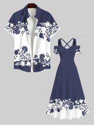 Floral Leaves Branch Two Tone Print Plus Size Matching Hawaii Beach Outfit For Couples -  