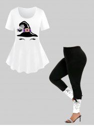 Halloween Costume Hat Spider Web Eyebrow Print T-shirt and Skinny Leggings Plus Size Matching Set -  