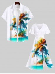 Colorful Coconut Tree Mountain Watercolor Print Plus Size Matching Hawaii Beach Outfit For Couples -  