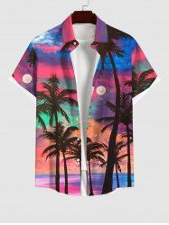 Plus Size Coconut Tree Moon Colorful Ombre Colorblock Sky Print Buttons Pocket Hawaii Shirt For Men -  