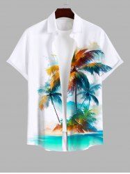 Plus Size Coconut Tree Mountain Watercolor Print Buttons Pocket Hawaii Shirt For Men -  