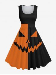 Plus Size Halloween Costume Contrast Colorblock Pumpkin Face Print 1950s Vintage Dress -  