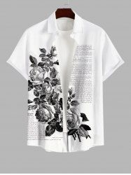 Plus Size Rose Flower Leaf Newspapaer Print Button Pocket Shirt For Men -  