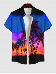 Plus Size Coconut Tree Colorful Ombre Sky Galaxy Print Hawaii Button Pocket Shirt For Men -  