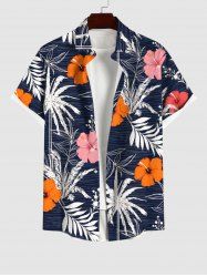 Plus Size Tropical Leaf Hibiscus Flower Coconut Tree Print Buttons Pocket Hawaii Shirt For Men -  