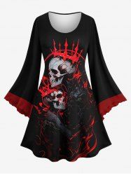 Plus Size Flare Sleeves Skeleton Lovers Crown Fire Flame Contrast Piping Print Halloween Costume A Line Dress -  