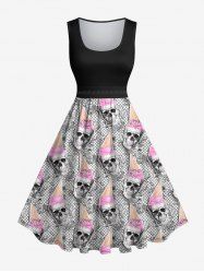 Plus Size Skull Ice Cream Plaid Floral Print Halloween Costume Vintage Swing A Line Dress -  