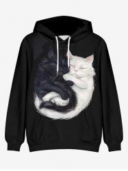 Plus Size Fluffy Two Tone Cats Print Kangaroo Pocket Drawstring Pullover Hoodie For Men -  