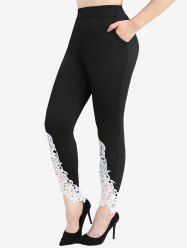 Plus Size Leaf Flowers Appliques Lace Pockets Leggings -  