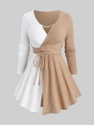 Plus Size Surplice Chain Panel Cinched Waist Two Tone Ribbed Textured Top -  