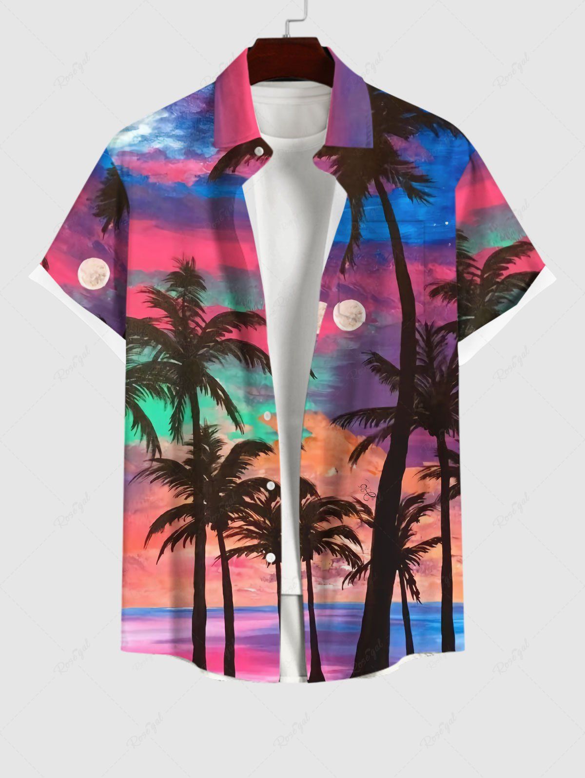 Latest Plus Size Coconut Tree Moon Colorful Ombre Colorblock Sky Print Buttons Pocket Hawaii Shirt For Men  