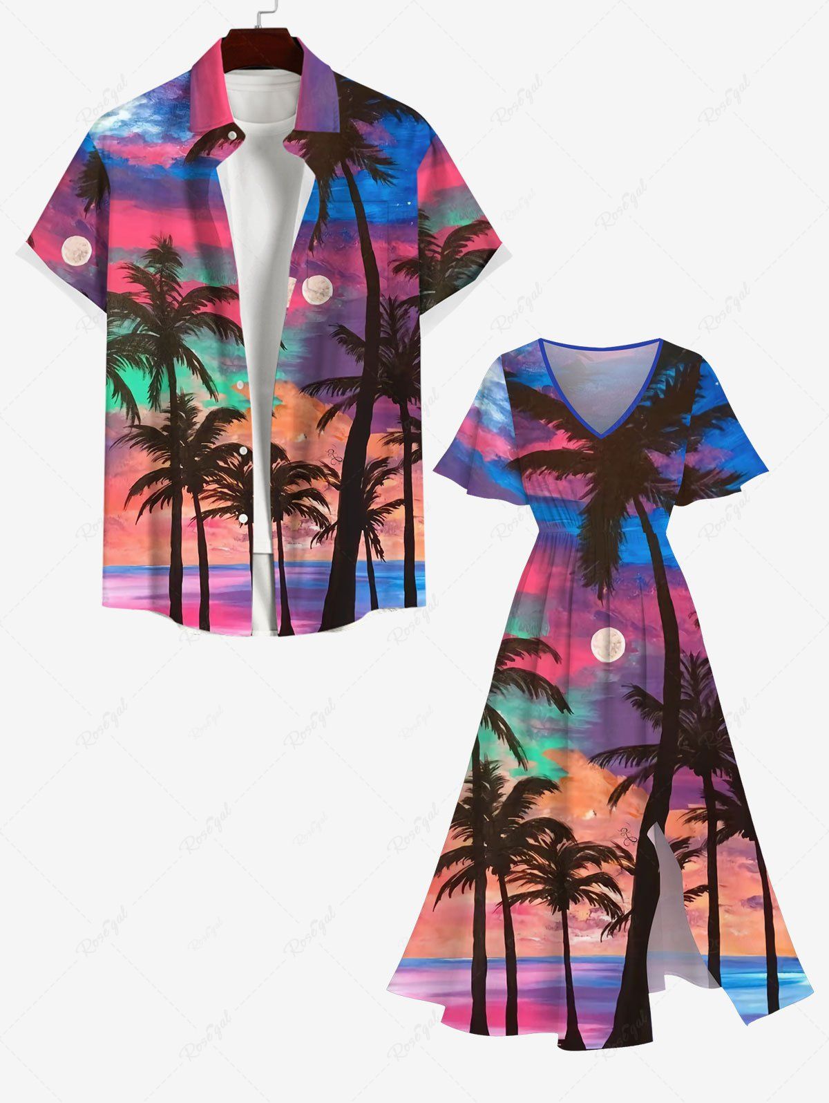 Unique Coconut Tree Moon Colorful Ombre Colorblock Sky Print Plus Size Matching Hawaii Beach Outfit For Couples  
