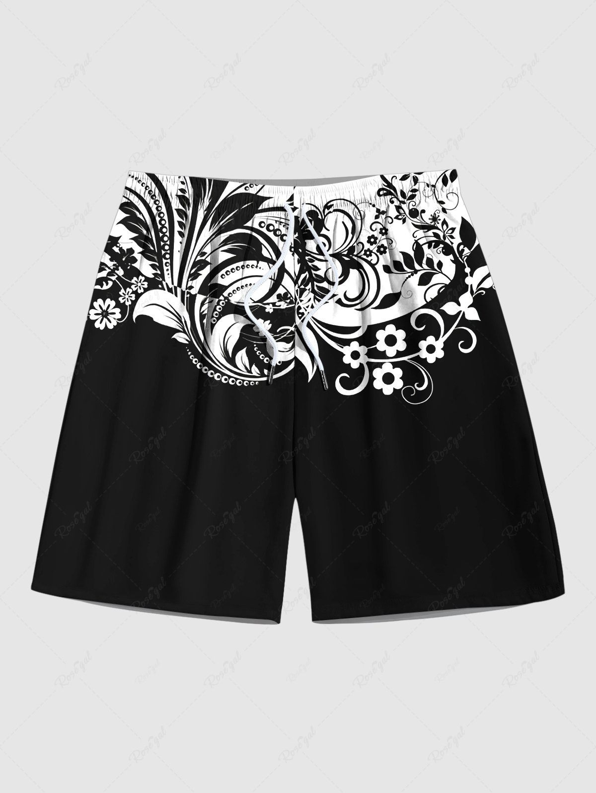 Best Plus Size Vintage Baroque Floral Print Hawaii Drawstring Beach Shorts For Men  