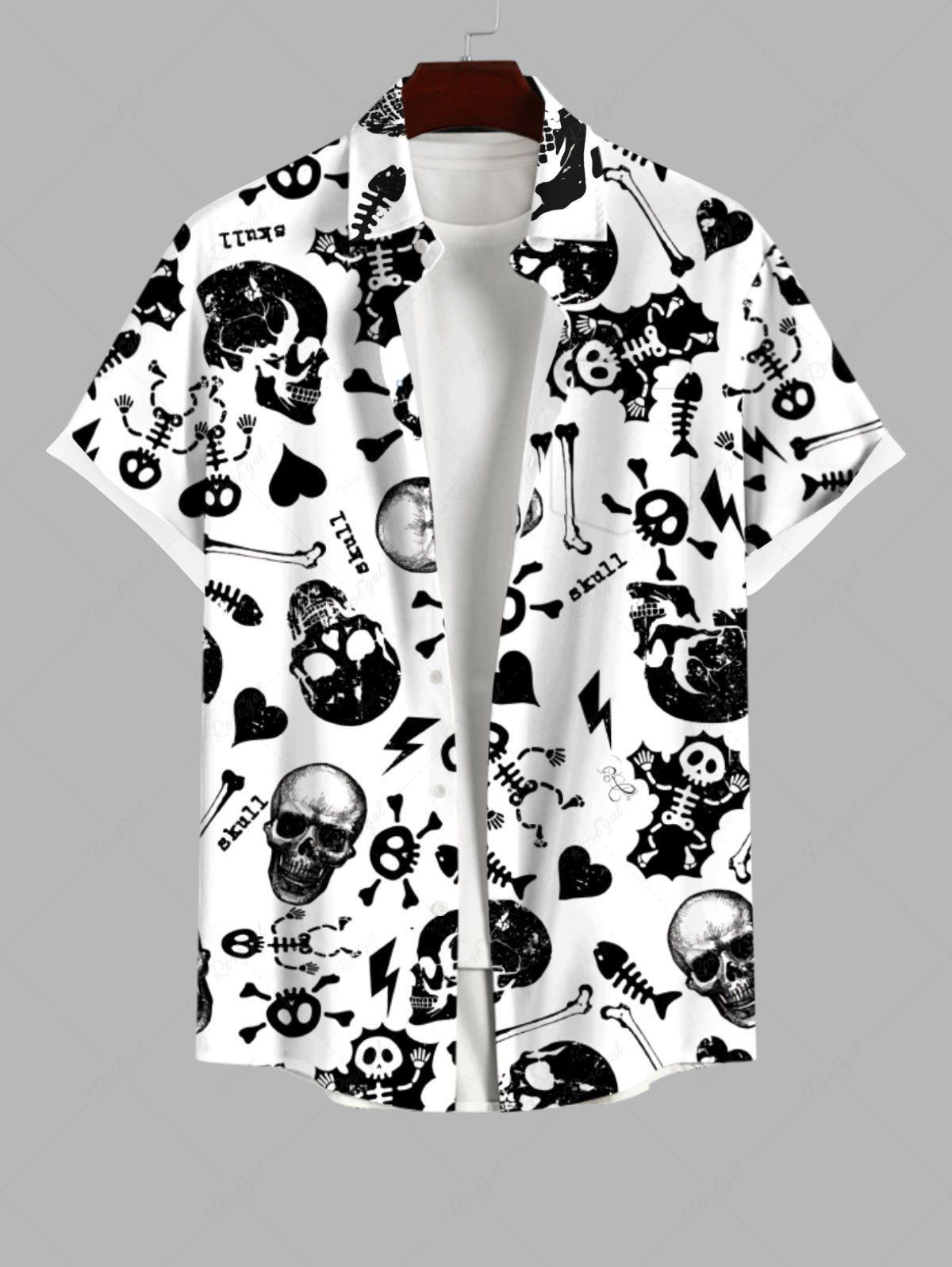 Latest Plus Size Skull Skeleton Fish Heart Bone Print Halloween Button Pocket Shirt For Men  