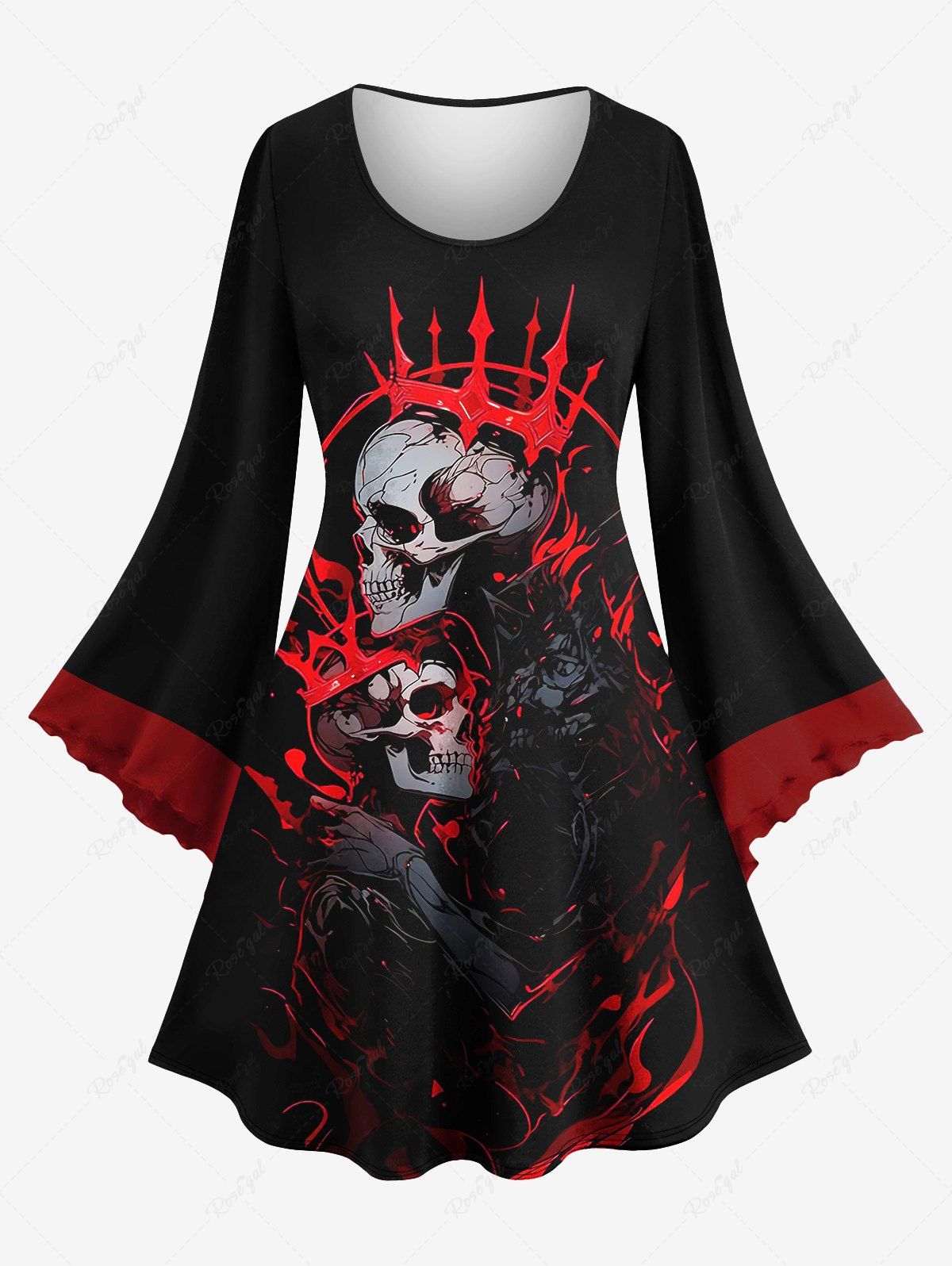 Online Plus Size Flare Sleeves Skeleton Lovers Crown Fire Flame Contrast Piping Print Halloween Costume A Line Dress  