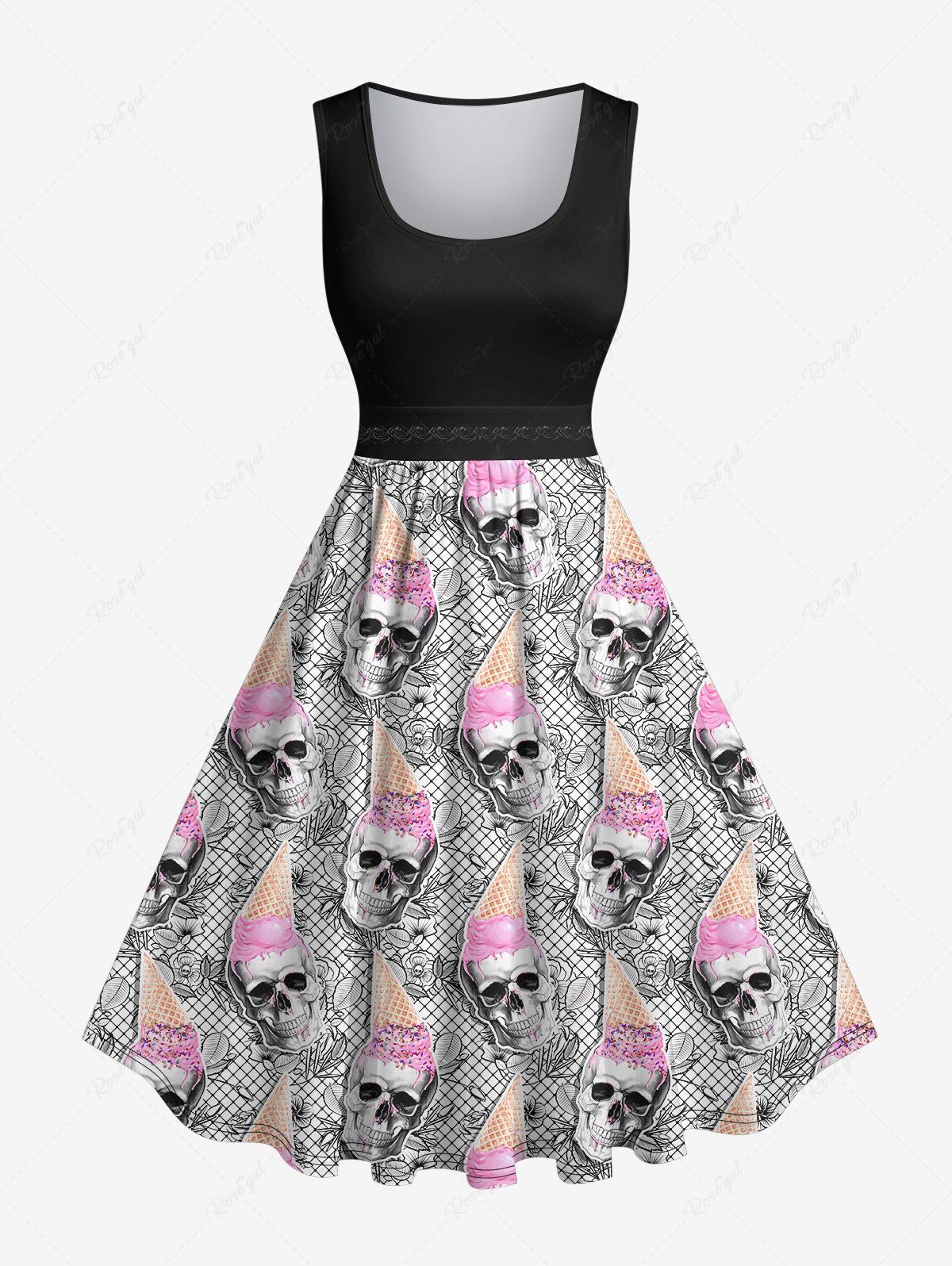 Sale Plus Size Skull Ice Cream Plaid Floral Print Halloween Costume Vintage Swing A Line Dress  