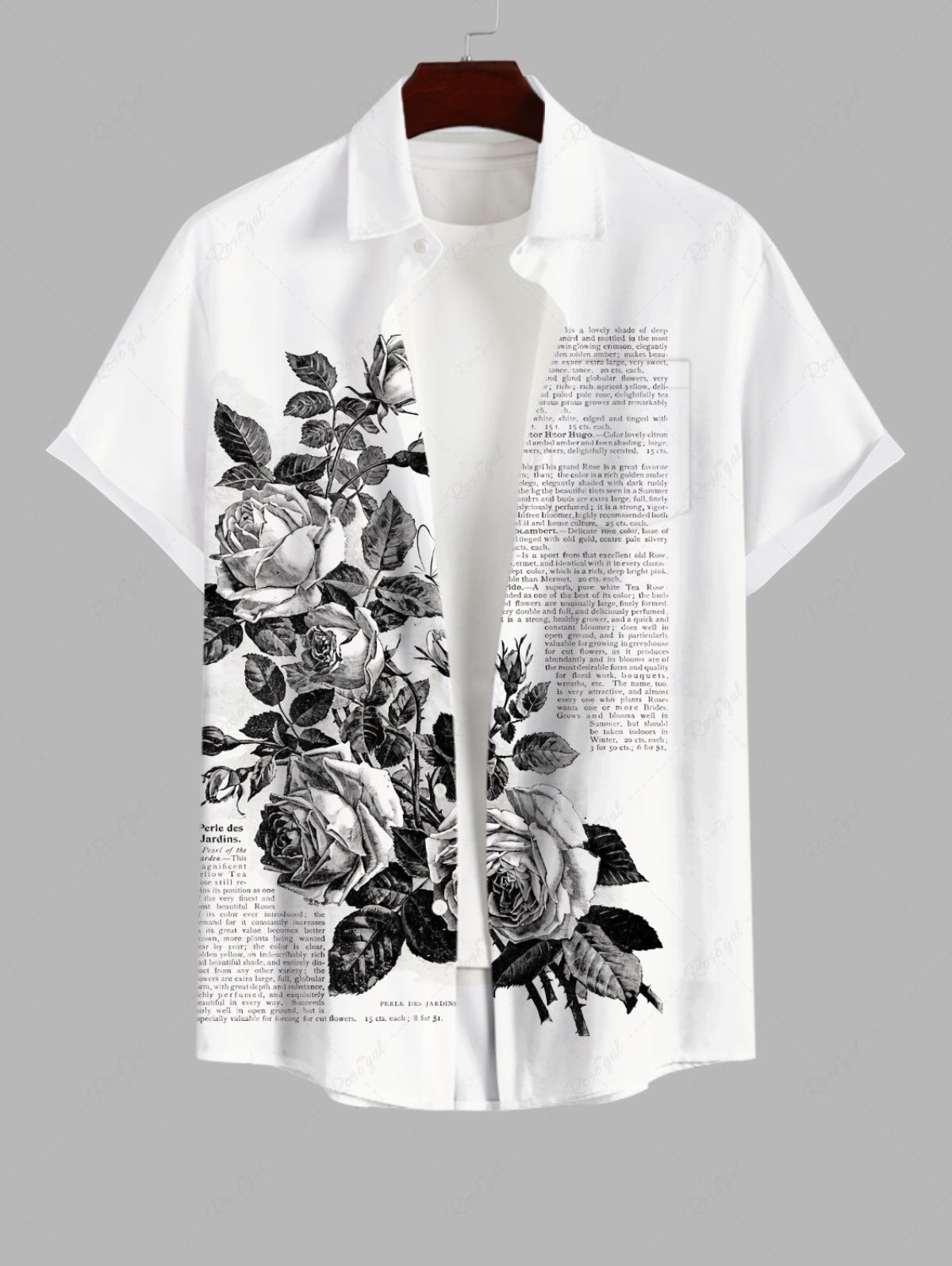 Fashion Plus Size Rose Flower Leaf Newspapaer Print Button Pocket Shirt For Men  