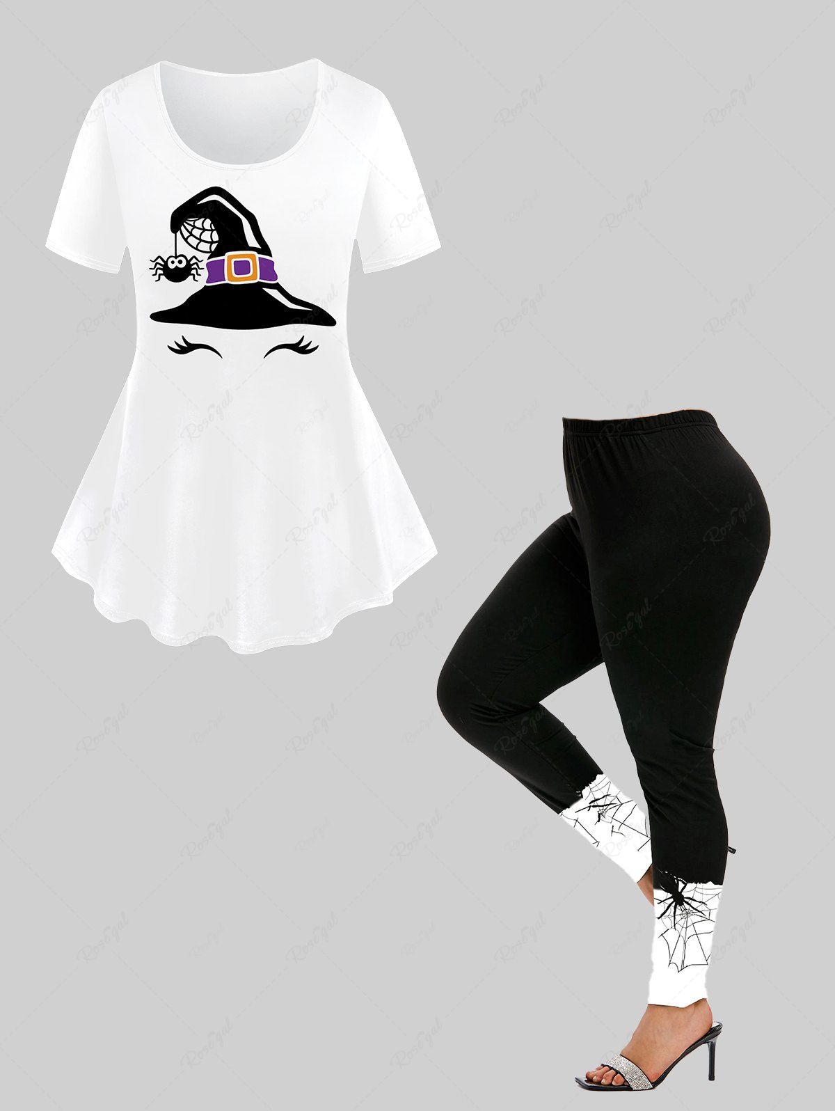 Unique Halloween Costume Hat Spider Web Eyebrow Print T-shirt and Skinny Leggings Plus Size Matching Set  