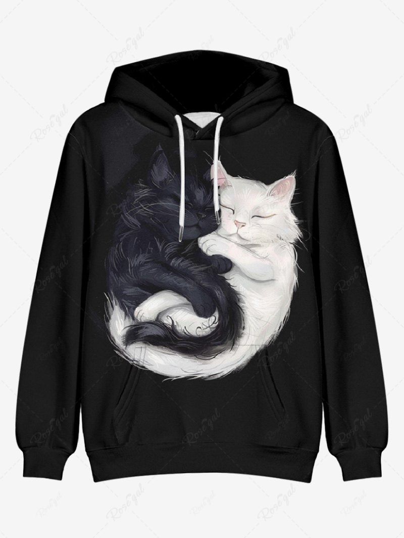 Buy Plus Size Fluffy Two Tone Cats Print Kangaroo Pocket Drawstring Pullover Hoodie For Men  