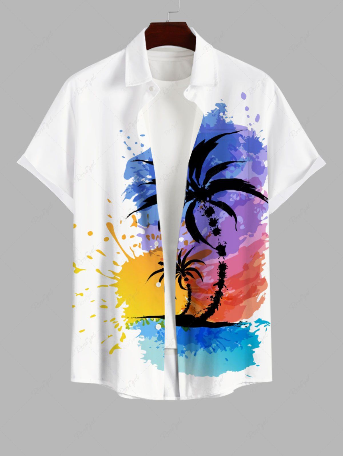 Latest Plus Size Coconut Tree Sun Colorful Watercolor Painting Splatter Tie Dye Print Hawaii Button Pocket Shirt For Men  