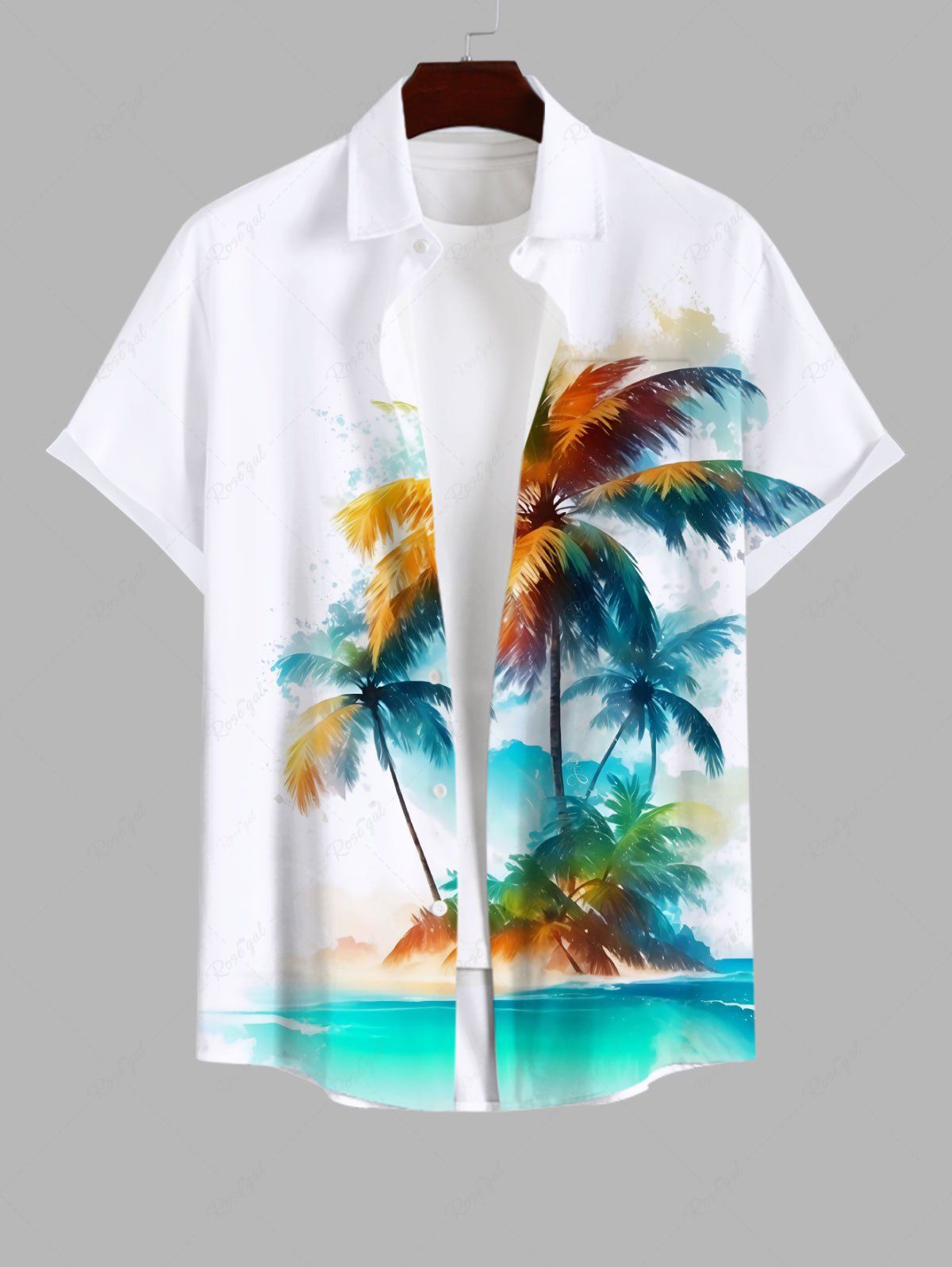 Online Plus Size Coconut Tree Mountain Watercolor Print Buttons Pocket Hawaii Shirt For Men  