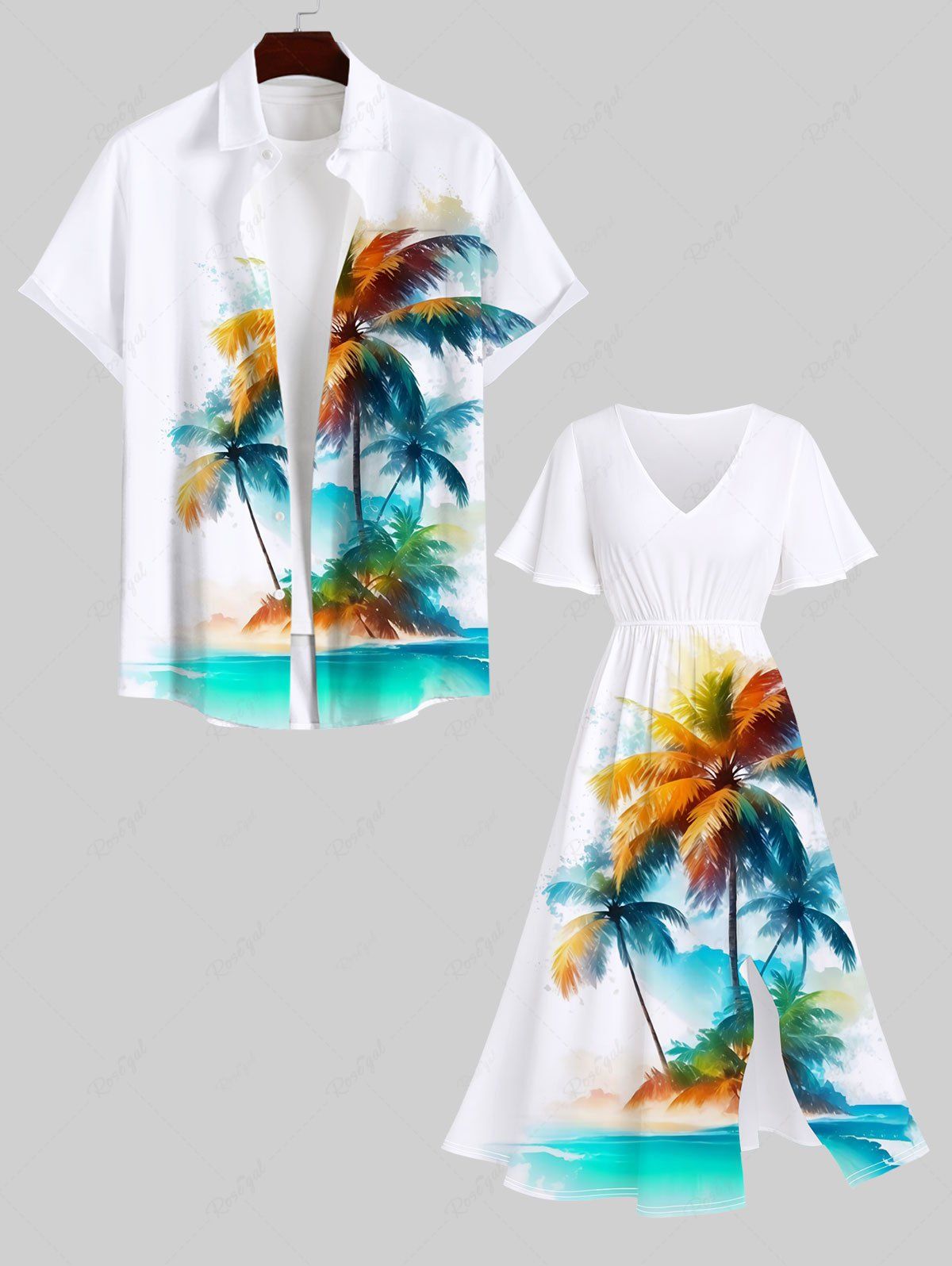 Affordable Colorful Coconut Tree Mountain Watercolor Print Plus Size Matching Hawaii Beach Outfit For Couples  