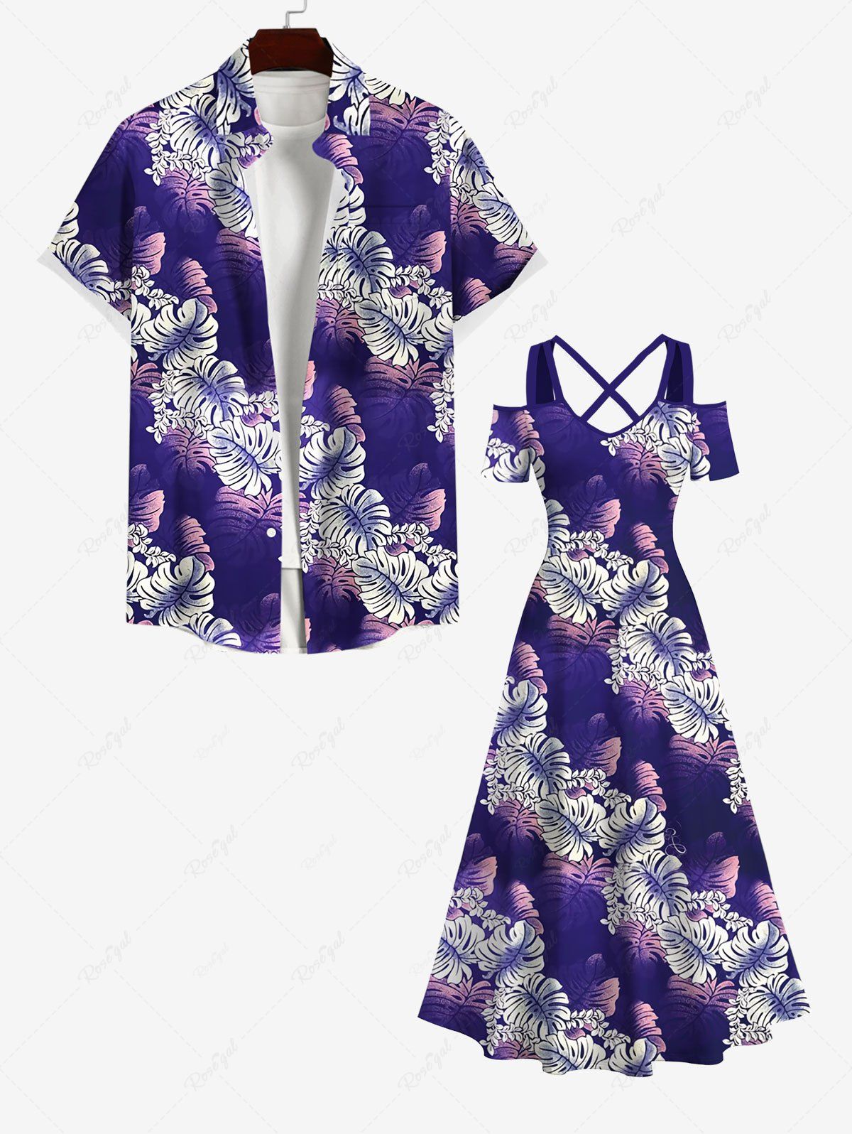Latest Tropical Leaf Ombre Print Plus Size Matching Hawaii Beach Outfit For Couples  