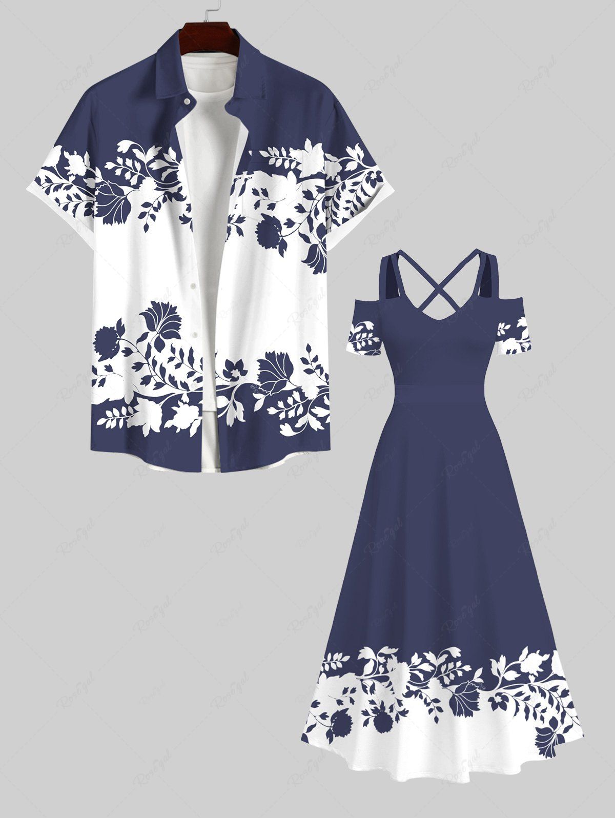 Best Floral Leaves Branch Two Tone Print Plus Size Matching Hawaii Beach Outfit For Couples  