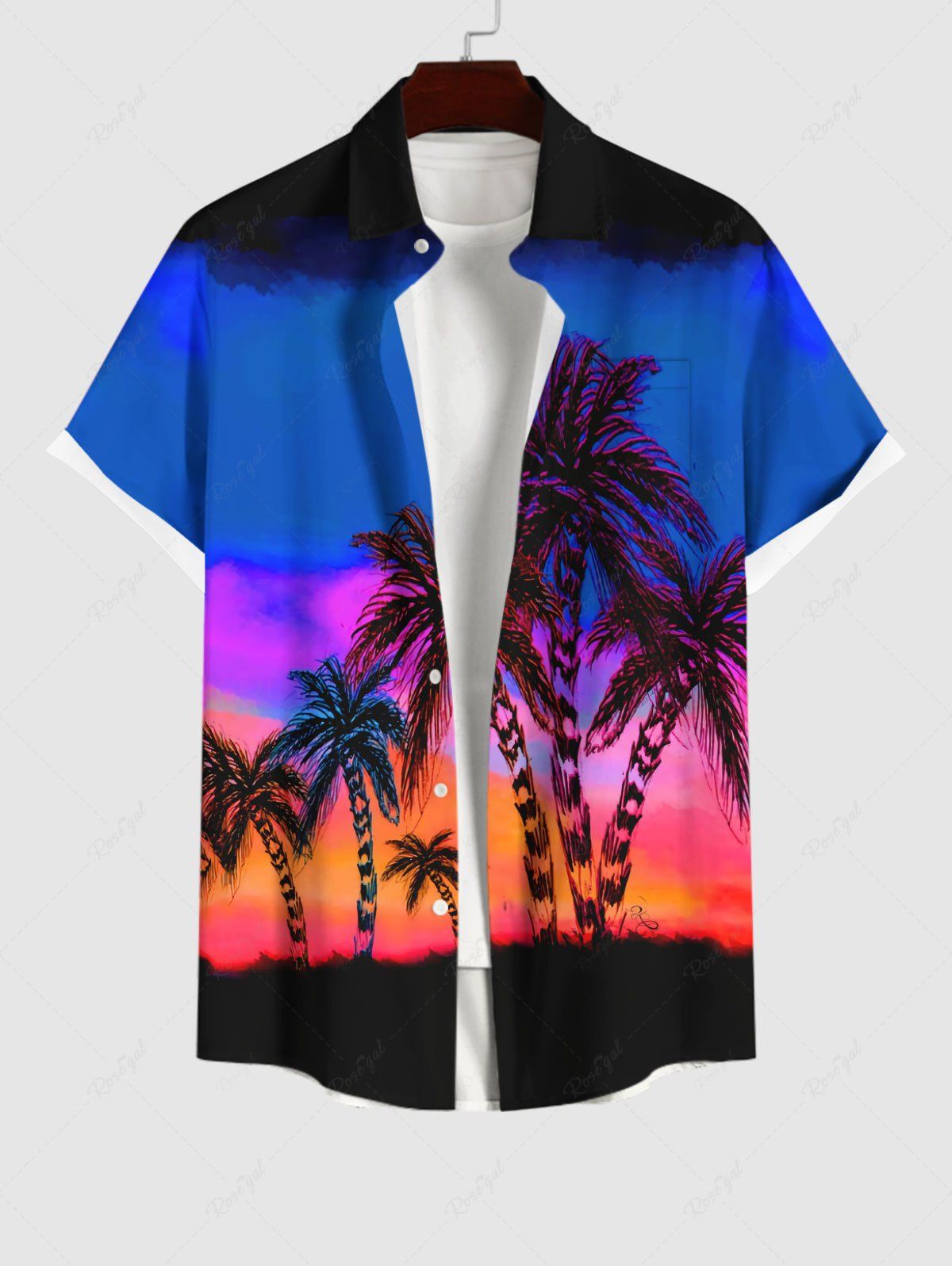 Best Plus Size Coconut Tree Colorful Ombre Sky Galaxy Print Hawaii Button Pocket Shirt For Men  